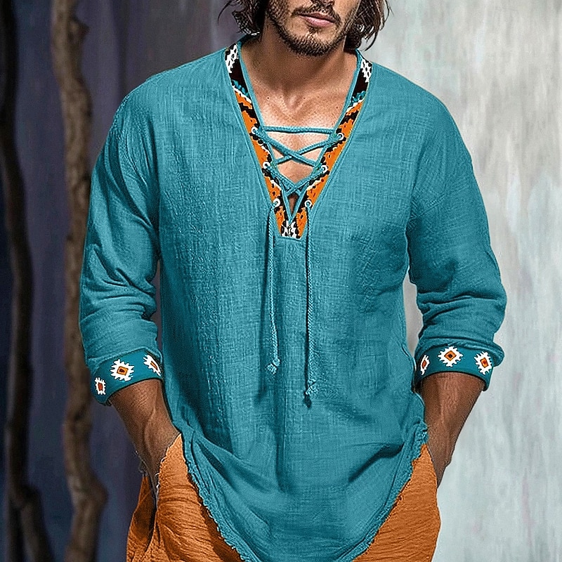 OUKU Men's Shirt Linen Shirt Summer Shirt Beach Shirt Solid Color Vacation Casual Black White Green Long Sleeve V Neck Clothing Apparel Drawstring