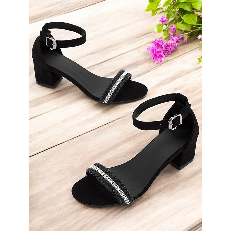 Women's Black Block Heel Sandals – Rhinestone Ankle Strap Open Toe Dress Shoes for Weddings, Parties, and Evening Events2