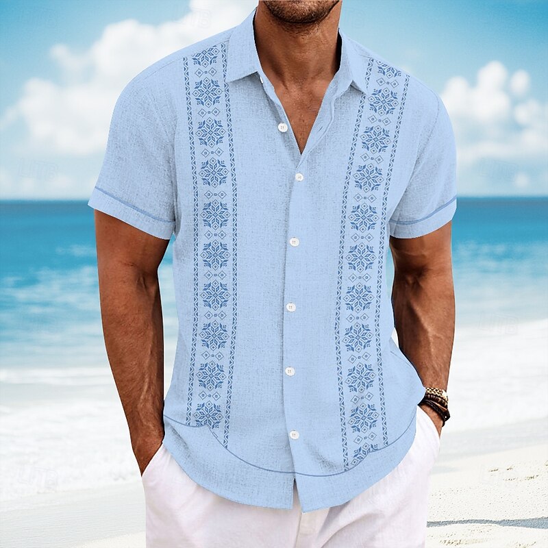 Men's Geometric Floral Print Flowers Shirt Guayabera Shirt Button Up Shirt Short Sleeve Fashion Casual Vacation Dailywear Beach Wear Summer Spring Turndown Collared Shirts White Blue2