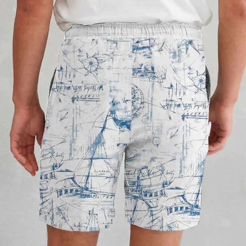 Men's Nautical Compass Sailboat Cotton Linen Shorts Shorts Mid Waist Vintage Retro Vacation Dailywear Holiday Drawstring Pocket Elastic Waist Designer Clothing Apparel2