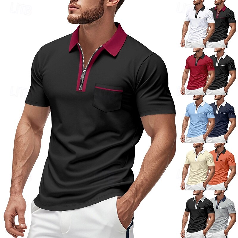 Men's Quarter Zip Polo Golf Shirt Daily Holiday Quarter Zip Short Sleeve Fashion Basic Color Block Patchwork Summer Spring Regular Fit Light Blue Black White Wine Navy Blue Orange Quarter Zip Polo