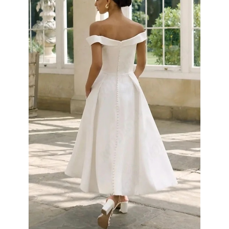 Engagement Little White Dress Bridal Shower Dresses Wedding Dresses A-Line Off Shoulder Short Sleeve Ankle Length Satin Bridal Gowns With Pleats2