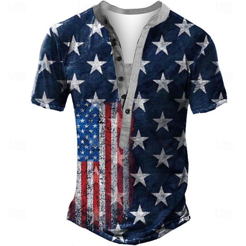 Men's American US Flag T Shirt Henley Shirt Tee Short Sleeve Designer Basic Classic Outdoor Daily Sports Summer Blue Henley Henley T-Shirt