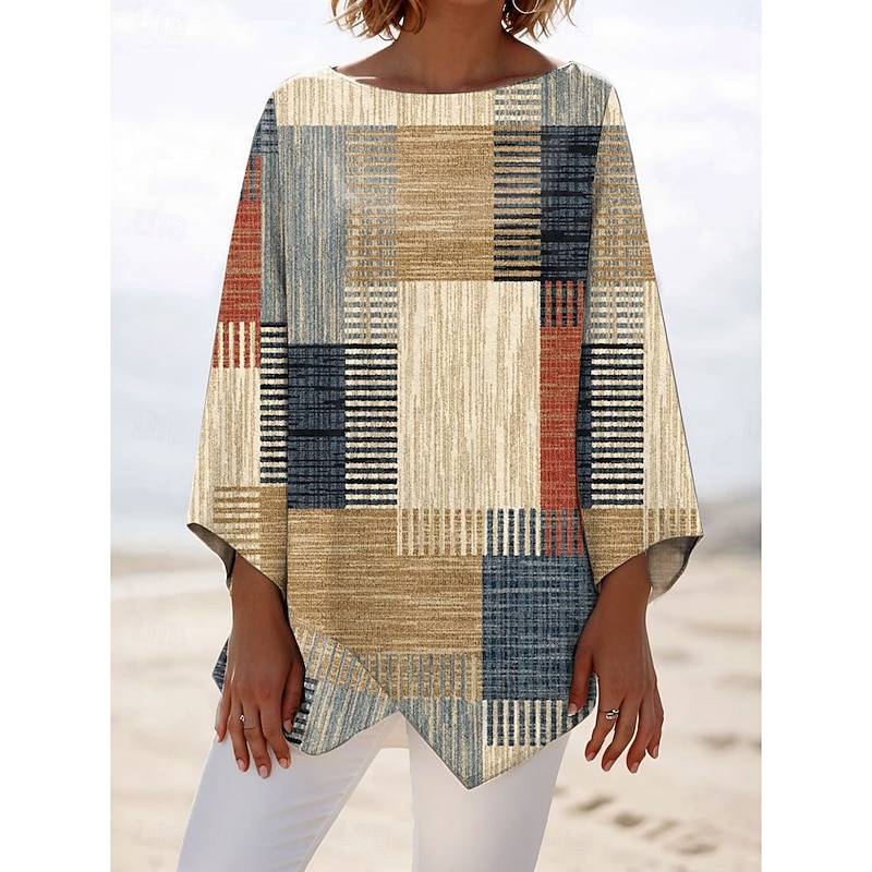Women's Blouse Long Sleeve Asymmetrical Hem Graphic Geometric Plaid Stylish Beach 3/4 Length Sleeve Crew Neck Regular Tops Daily Print Khaki Spring Fall