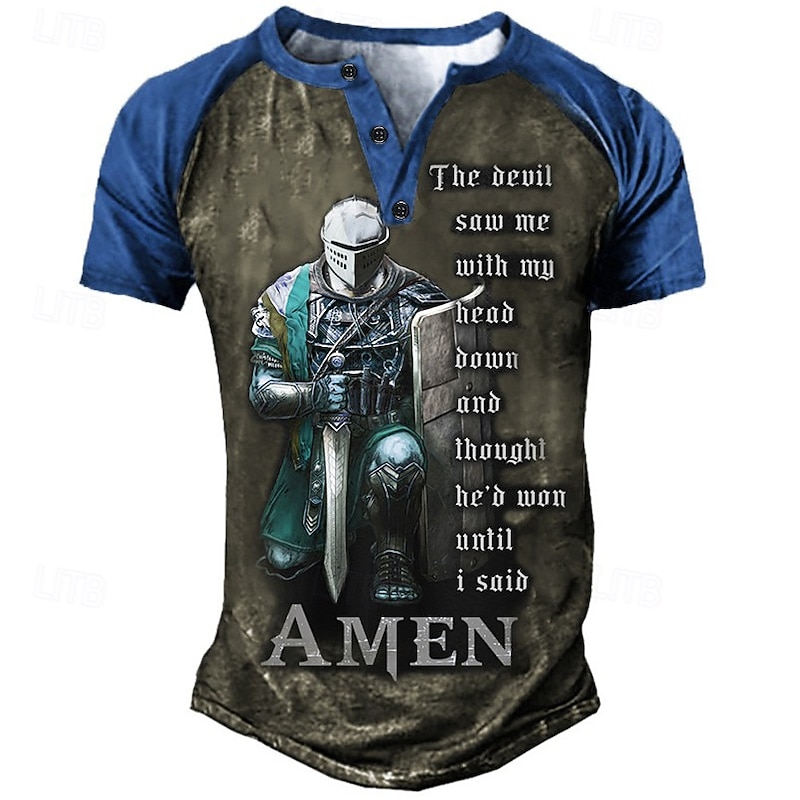 Men's Faith Graphic T-Shirt, Knight Warrior 'The Devil Saw Me Until I Said AMEN' Motivational Short Sleeve Tee4