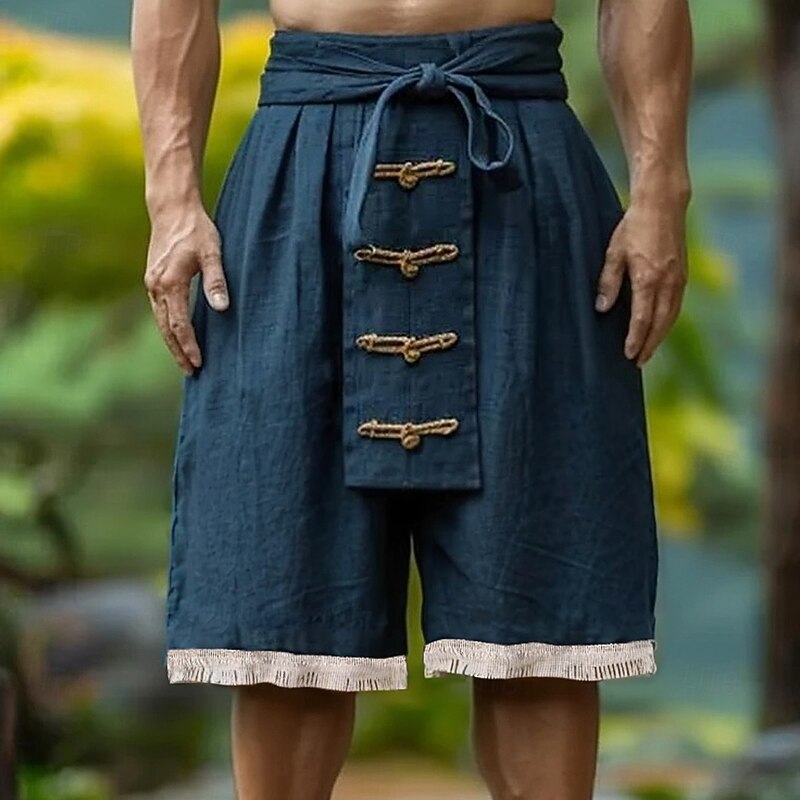 Men's Capri Pants Shorts Linen Shorts Summer Shorts Front Pocket Pleats Straight Leg Plain Comfort Breathable Calf-Length Outdoor Vacation Party Fashion Basic Navy Blue2