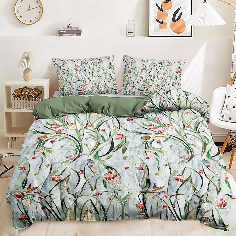 Floral Duvet Cover Set 100% Cotton Soft and Breathable Bedding Featuring Stained Glass Flowers Lightweight and Durable Quilt Cover Comfortable for All Seasons Easy to Care4