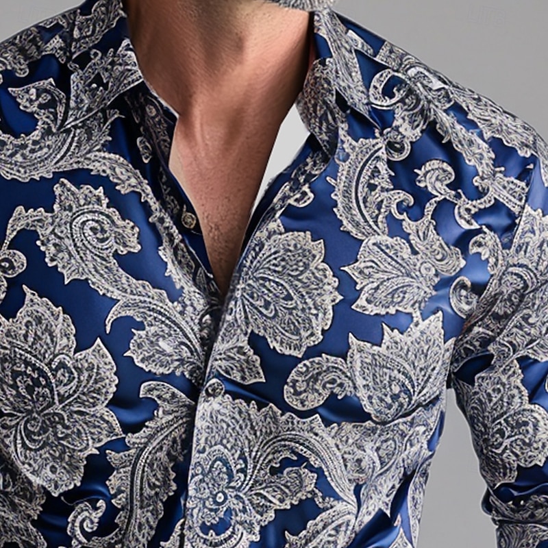 Men's Shirt Satin Shirt Summer Shirt Casual Shirt Button Up Shirt Wine Blue Green Long Sleeve Floral Paisley Collar Vacation Casual Clothing Apparel Elegant Fashion Casual3