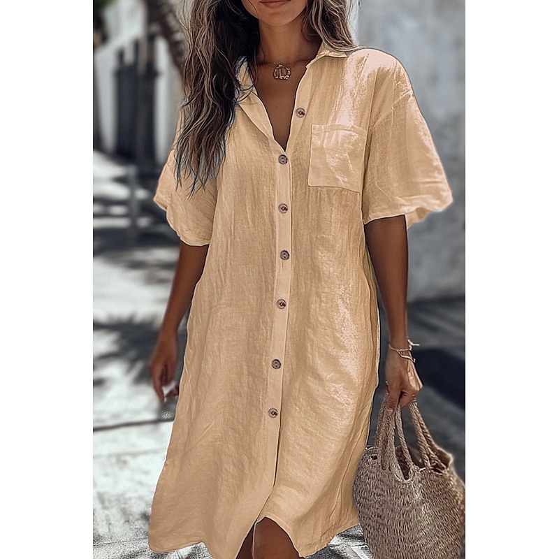 Women's Shirt Cotton Linen Shirts Button Up Blouse Plain Basic Modern Casual Short Sleeve Shirt Collar Long Tops Daily Holiday Going out Buttons Pocket White Yellow Light Blue Summer4