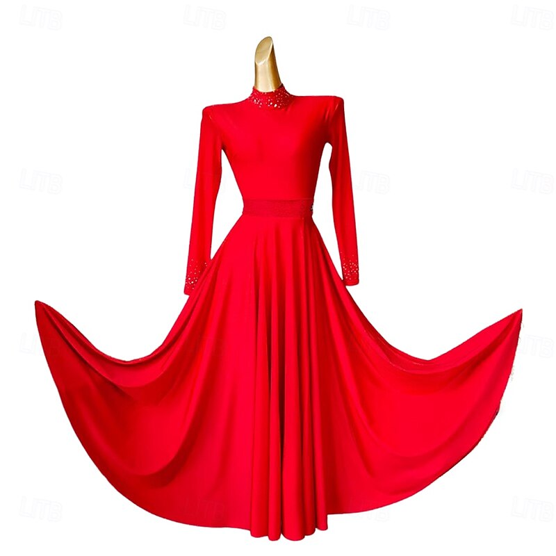 Ballroom Dance Dress Rhinestone Lace Pure Color Women's Performance Party Long Sleeve Spandex