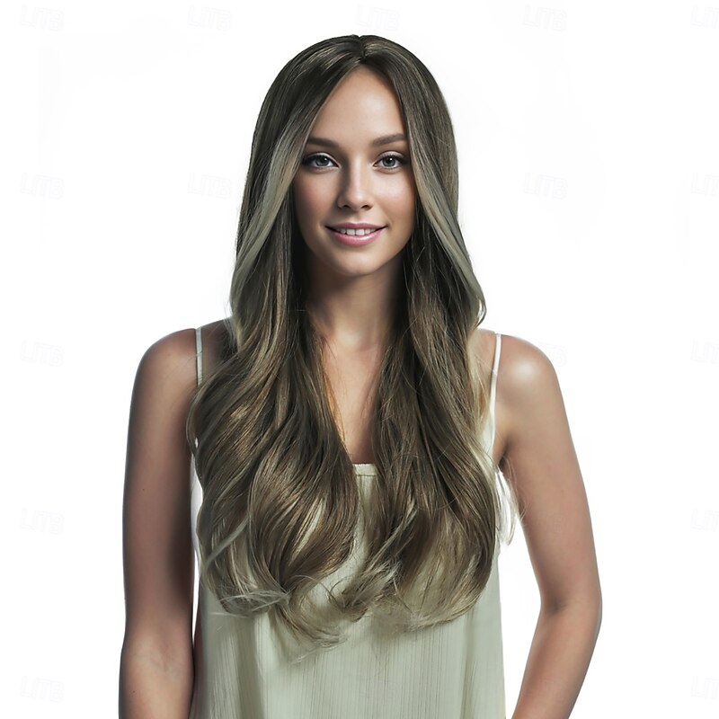 Synthetic Wig Body Wave Wavy Layered Haircut Deep Parting Machine Made Wig 24 inch A1 Synthetic Hair Women's Middle Part Classic Color Gradient Blonde2