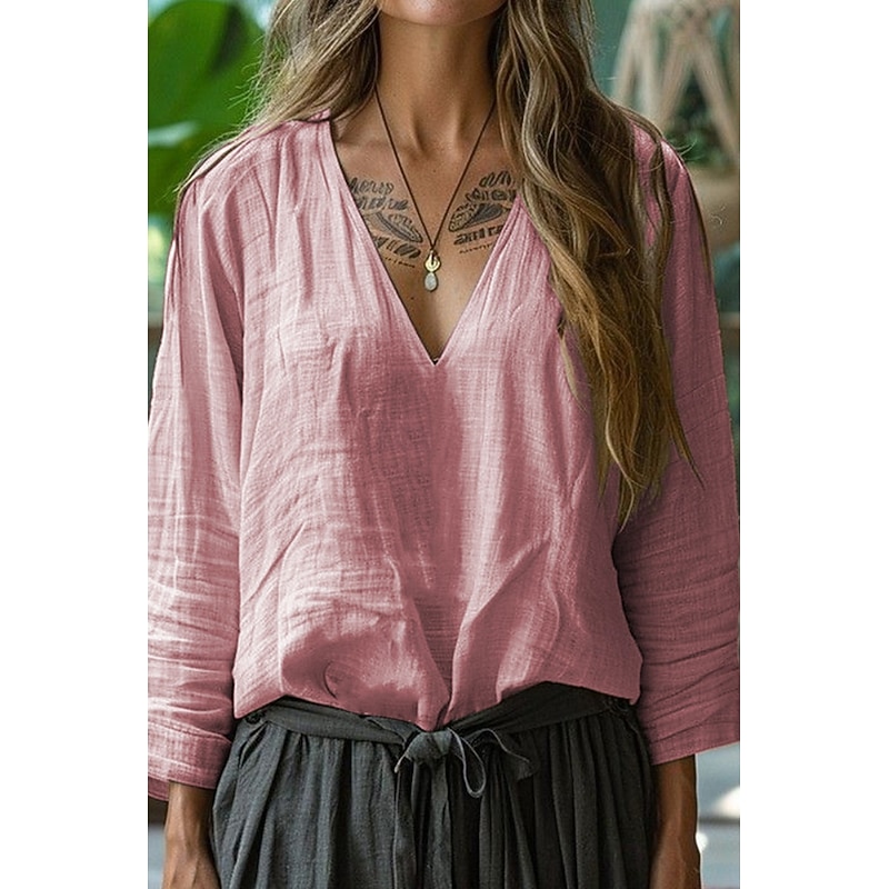 Women's Shirt Blouse Cotton Linen Shirts Plain Basic Modern Long Sleeve V Neck Regular Tops Daily Holiday Going out Pink Army Green Camel Light Blue Summer