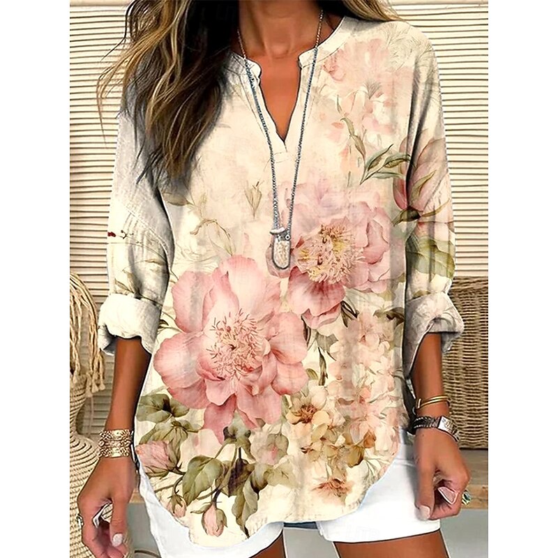 Women's Blouse Tunic V Neck Long Sleeve Boho Casual Tops Floral Basic Regular Tops Daily Buttons Print Apricot