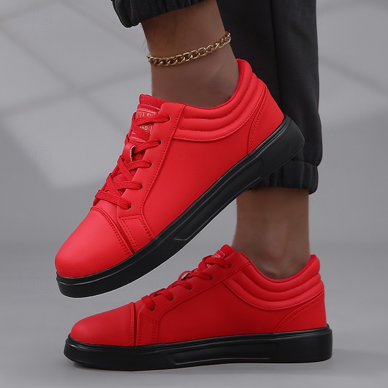 Men's Red Leather Sneakers with Sleek Design - Bold Casual Streetwear for Everyday Comfort4