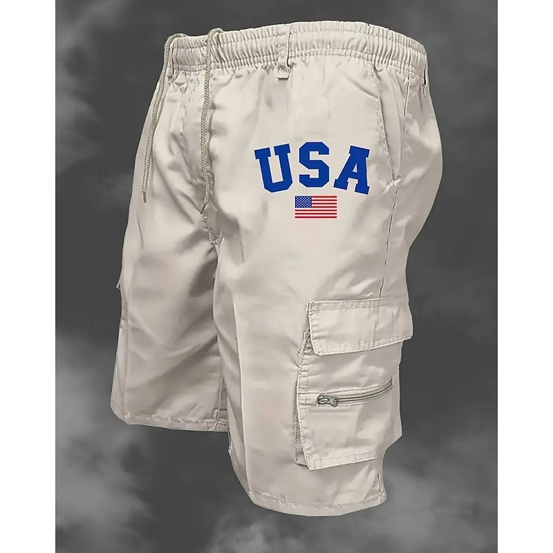 Men's Cargo Shorts Shorts Summer Shorts Drawstring Elastic Waist Multi Pocket USA Flag Comfort Wearable Knee Length Outdoor Sport Daily Fashion Casual Light Grey
