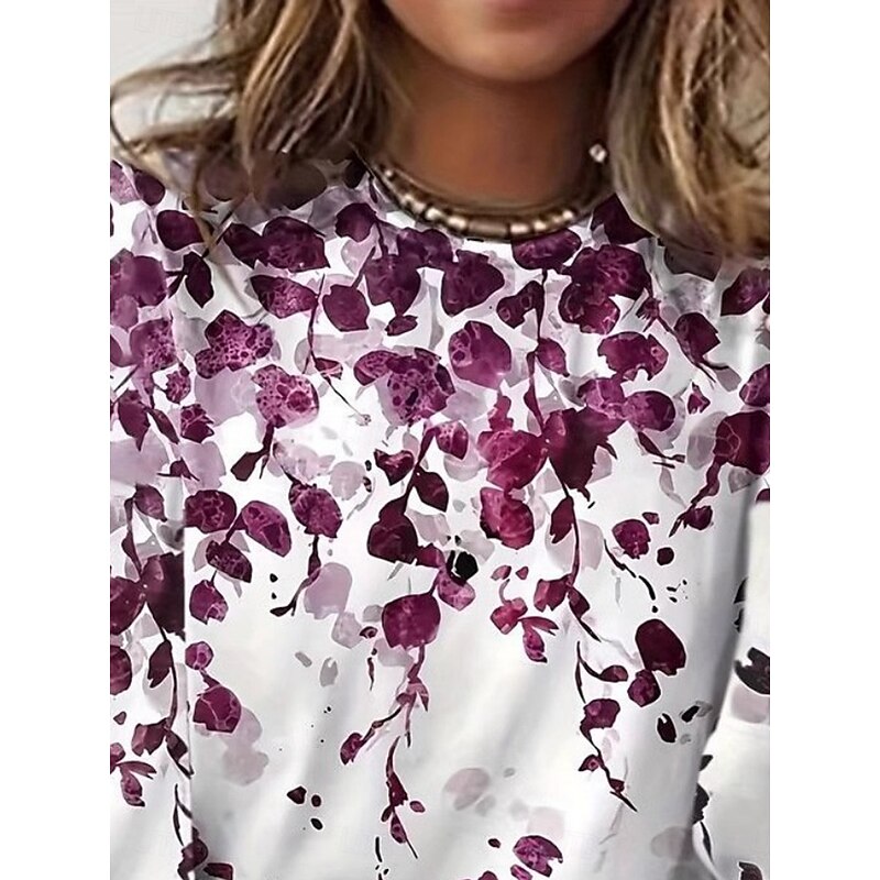 Women's T Shirt Floral Fashion Modern Long Sleeve Crew Neck Regular Tops Daily Print Purple Summer2