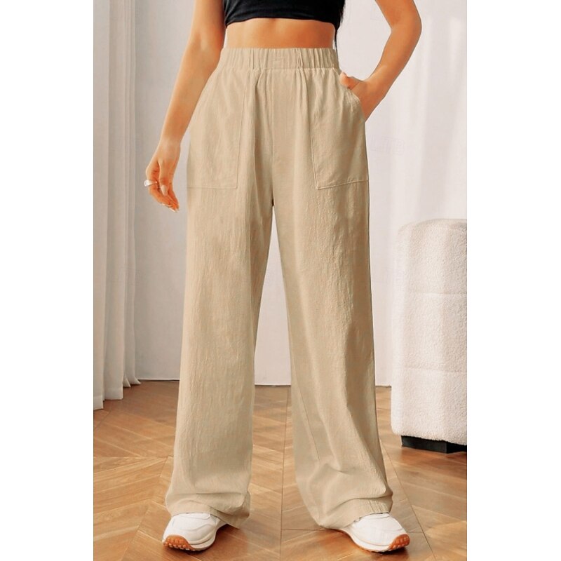 Women's Cotton Linen Pants Slacks Streetwear Casual Full Length Natural Plain Pocket Elastic Waist Outdoor Comfortable Street Going out Black Khaki Summer Regular Fit