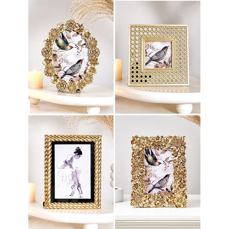 Gold 3D Floral Decorative Photo Frame, 5.7-Inch Oval Frame & 4x6 Inch Rectangle Frame, Resin Tabletop Picture Frame, Horizontal and Vertical Display for Home Decor and Photography Props2