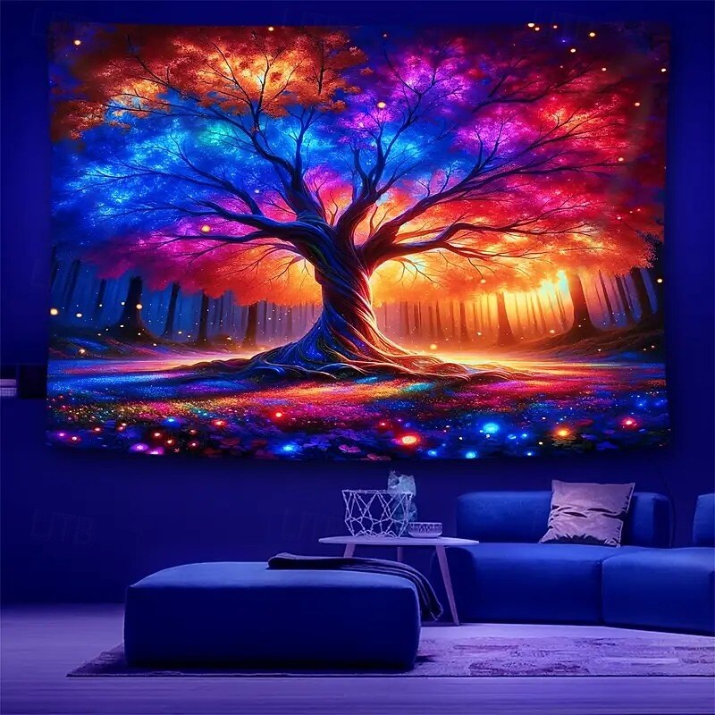 Blacklight Tapestry Glow in the Dark Glow Party UV Reactive Tree of Life Trippy Misty Nature Landscape Hanging Tapestry Wall Art Mural for Living Room Bedroom4