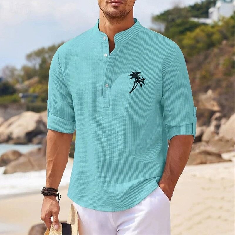 Men's Minimalist Aloha Shirt Popover Shirt Summer Shirt Casual Shirt Beach Shirt Waffle Knit Shirt Black White Blue Sky Blue Dark Gray Long Sleeve Coconut Tree Classic Stand Collar Henley Vacation