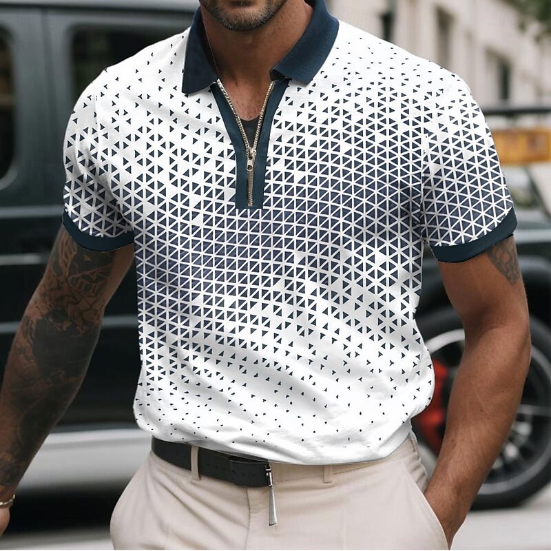 Men's Geometic Zip Polo Shirts Short Sleeve Polo Shirts Collared Shirts Business Casual Business Athleisure Wear to work Daily Wear 3D Print Summer Black White Red