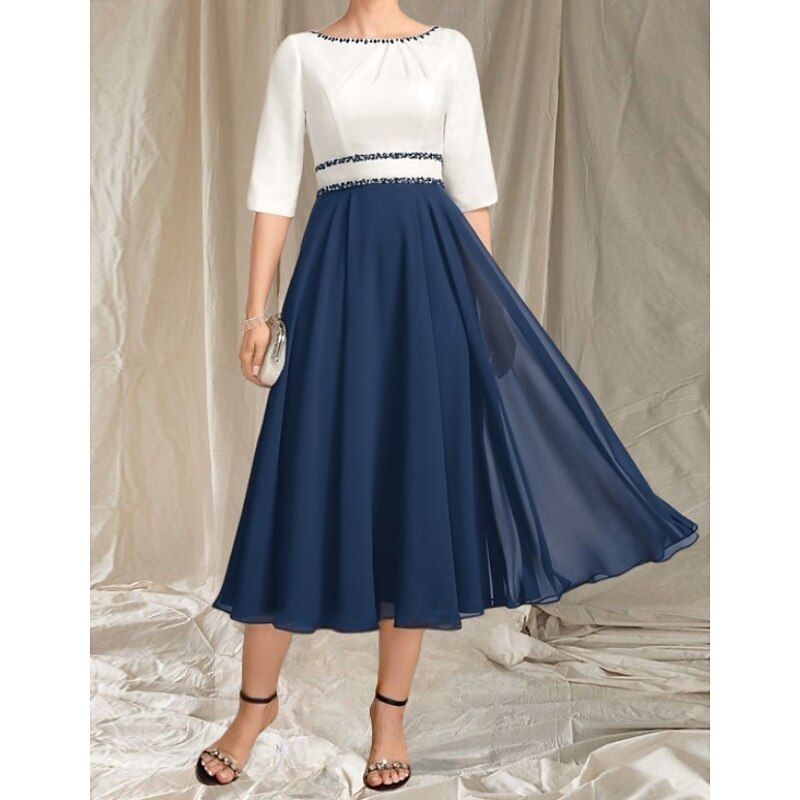 A-Line Mother of the Bride Dress Wedding Guest Elegant Crew Neck Tea Length Chiffon Satin Half Sleeve with Beading Ruching Midi Dress