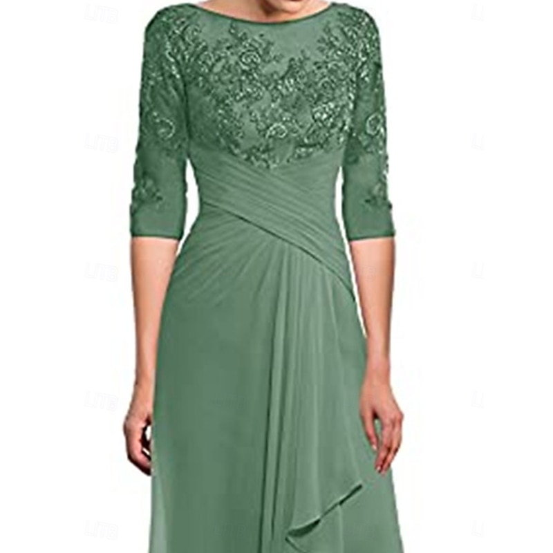 Dress Mother of the Bride Dress Elegant Crew Neck Floor Length Polyester 3/4 Length Sleeve with Solid Color3