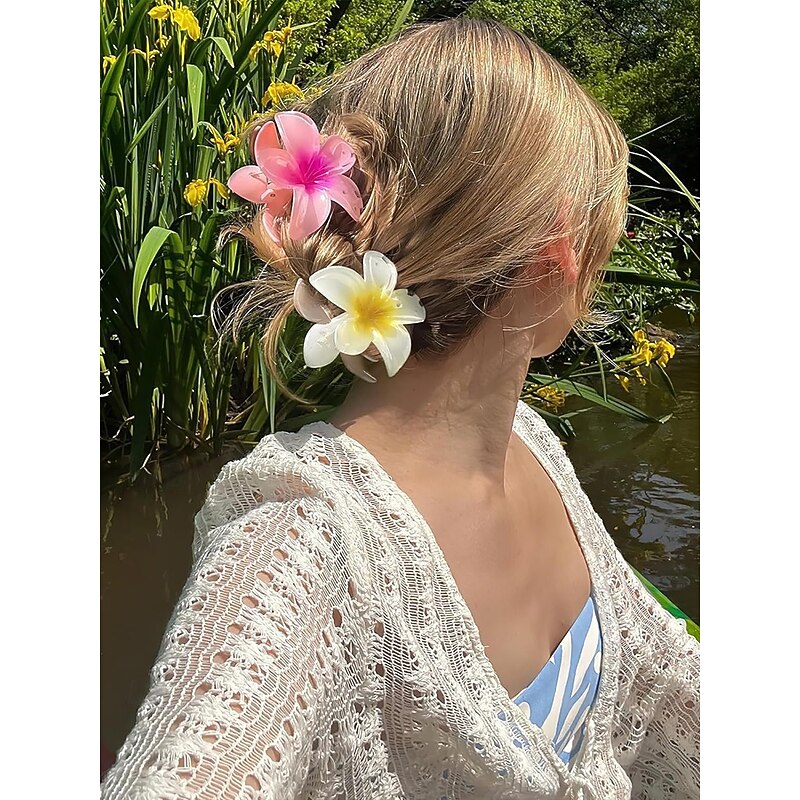 6PCS Hawaiian Plumeria Flower Hair Clips – Tropical Resin Hair Accessories for Women & Girls, Beach Wedding, Luau Party & Summer Vacation Styling