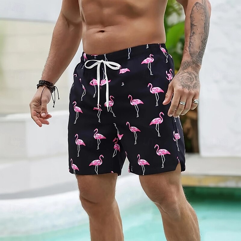 Men's Flamingo Bird Lined Shorts Swim Shorts Board Shorts Mid Waist Hawaiian Vacation Holiday Beach Wear Side Pockets With Compression Liner Elastic Drawstring Waist Designer Clothing Apparel2
