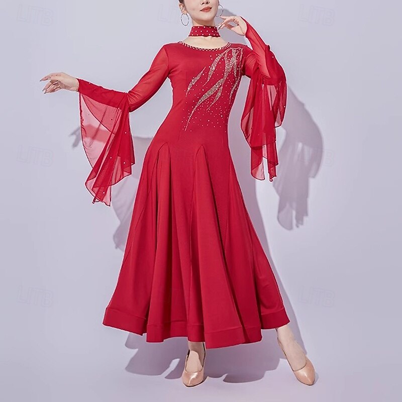 Ballroom Dance Dress Crystal / Rhinestone Splicing Women's Performance Training Long Sleeve Mesh Milk Fiber4