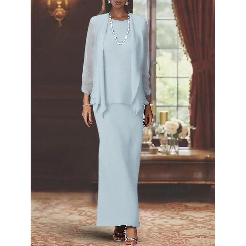 3 Piece Sheath Mother of the Bride Dress Formal Wedding Guest Elegant Scoop Neck Floor Length Chiffon Long Sleeve Wrap Included with Solid Color4