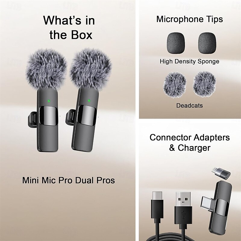 Mini Mic Wireless Microphone for iPhone, iPad, Android Lavalier Microphone for Video Recording with USB-C & Lighting2