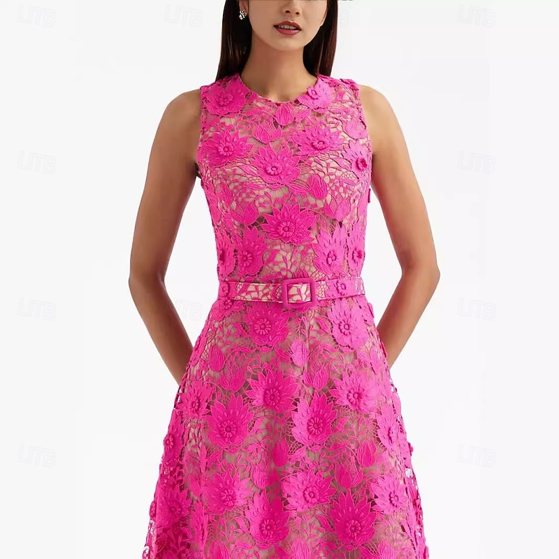 A-Line Cocktail Dresses Elegant Dress Formal Wedding Tea Length Sleeveless Crew Neck Belt / Sash Lace with Embroidery2