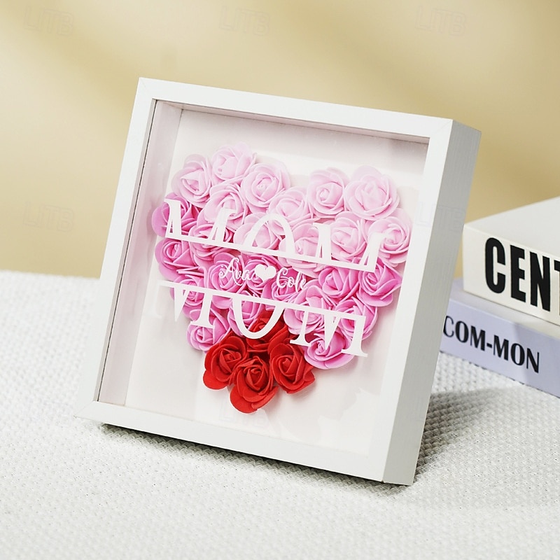 Mom Flower Shadow Box for Mother's Day Heart Shaped Monogram Flower Shadow Box for Wife for Daughter Son Flower Memory Gifts for Grandma