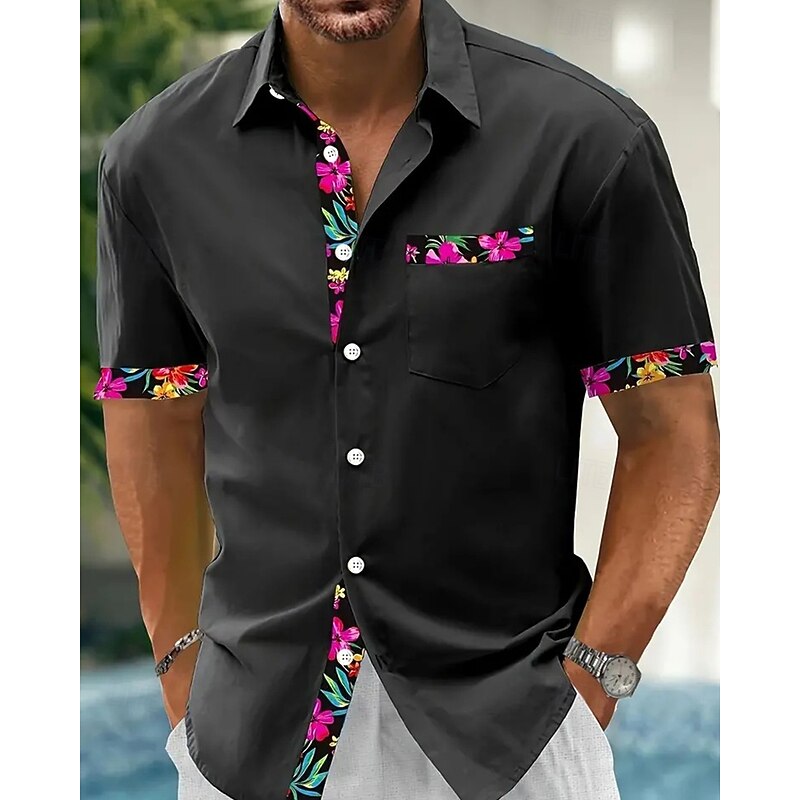 Men's Shirt Summer Shirt Casual Shirt Beach Shirt Button Up Shirt Black Navy Blue Green Short Sleeve Floral Print Shirt Collar Vacation Hawaiian Front Pocket Clothing Apparel Polyester Fashion Casual3