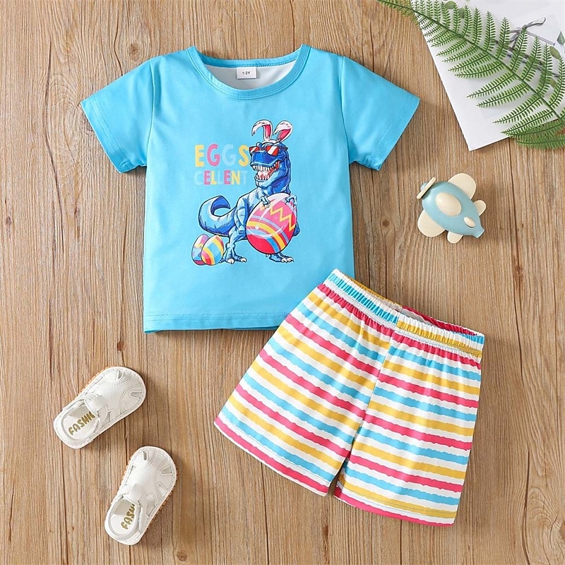 2 Pieces Kids Boys Easter Suit T-shirt & Shorts Clothing Set Outfit Dinosaur Short Sleeve Crewneck Set Outdoor Sports Fashion Summer 4 years+ Sky Blue
