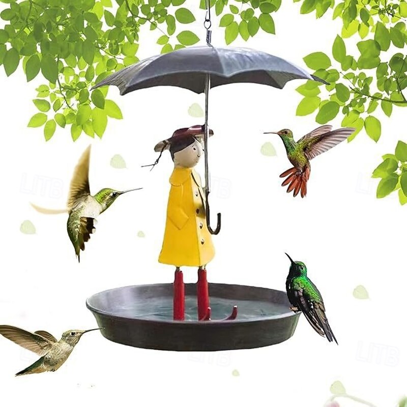 Outdoor Iron Hanging Bird Feeder, Umbrella Girl Bird Feeder, Garden Patio Bird Feeding Station, Metal Craft Ornament for Outdoor Decor