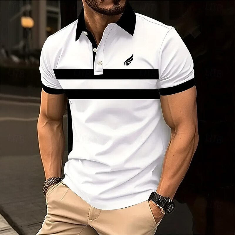 Men's Horizontal Stripes Rugby Polo Short Sleeve Polo Shirts Collared Shirts Business Casual School Outdoor Athleisure Daily Wear 3D Print Summer Spring Fall White Yellow Pink