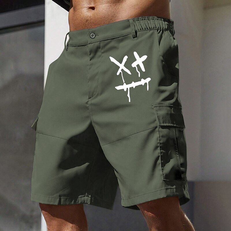 Men's Cargo Shorts Work Shorts Elastic Waist Multi Pocket Funny Smile Face Knee Length Sports Outdoor Casual Camping & Hiking Classic Shorts Black Army Green Micro-elastic