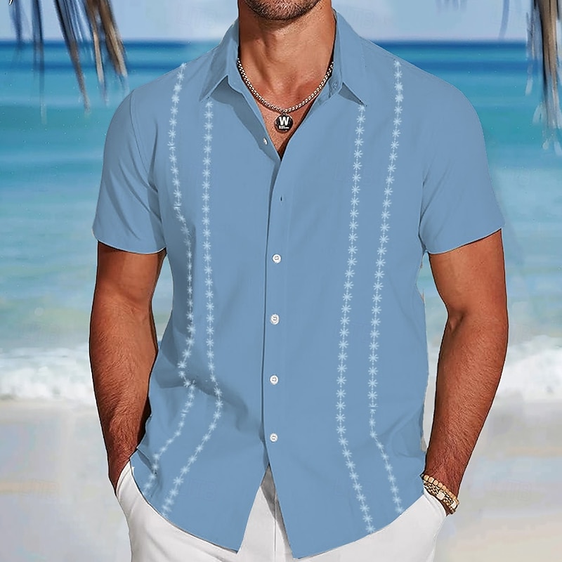 Men's Geometric Shirt Guayabera Shirt Button Up Shirt Short Sleeve Fashion Casual Vacation Dailywear Beach Wear Summer Spring Turndown 3D Print Collared Shirts White Blue Green2