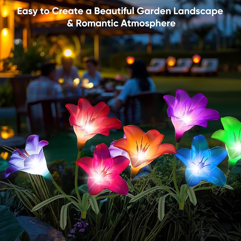 1 Pc 4 Head Outdoor Solar 7-Color Dimming Lily Ground Plug in Light Courtyard Garden Park Path Lawn Wedding Festival Party Memorial Decorative Light in front of Tombstone3