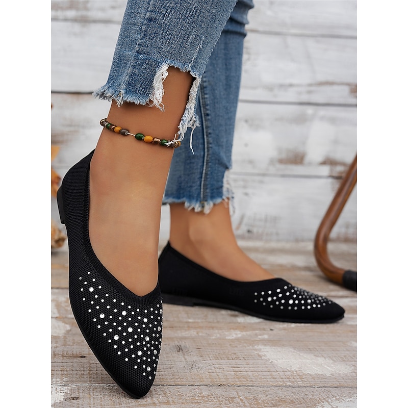 Women's Flyknit Rhinestone Pointed-Toe Flats - Elegant Sparkly Slip-On Shoes for Special Occasions & Daily Wear4