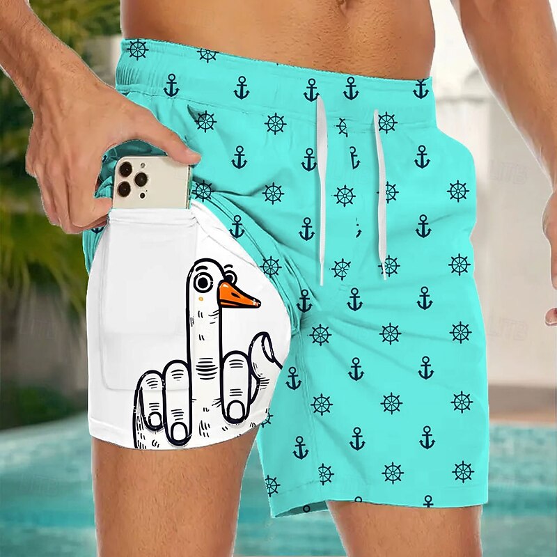 Men's Anchor Funny Duck Lined Shorts 2 in 1 Board Shorts Swim Shorts Mid Waist Hawaiian Vacation Beach Wear Side Pockets With Compression Liner Elastic Drawstring Waist Designer Clothing Apparel4