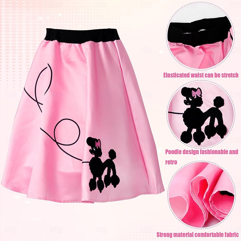 1950s Grease Outfits Poodle Skirt Costume Outfit for Women 50s Accessorie Set Dress Glove Belt Headband2