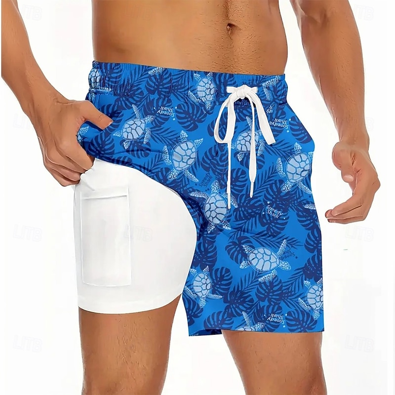 Men's Sea Turtle Lined Shorts 2 in 1 Board Shorts Swim Trunks Mid Waist Hawaiian Casual Vacation Beach Wear Side Pockets With Compression Liner Elastic Drawstring Waist Designer Clothing Apparel3