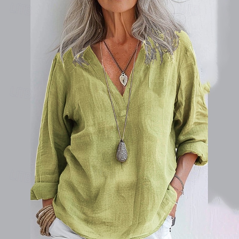 Women's Shirt Blouse Cotton Linen Shirts Plain Modern Casual Long Sleeve V Neck Regular Tops Daily Going out Buttons Yellow Pink Khaki Gray Summer4