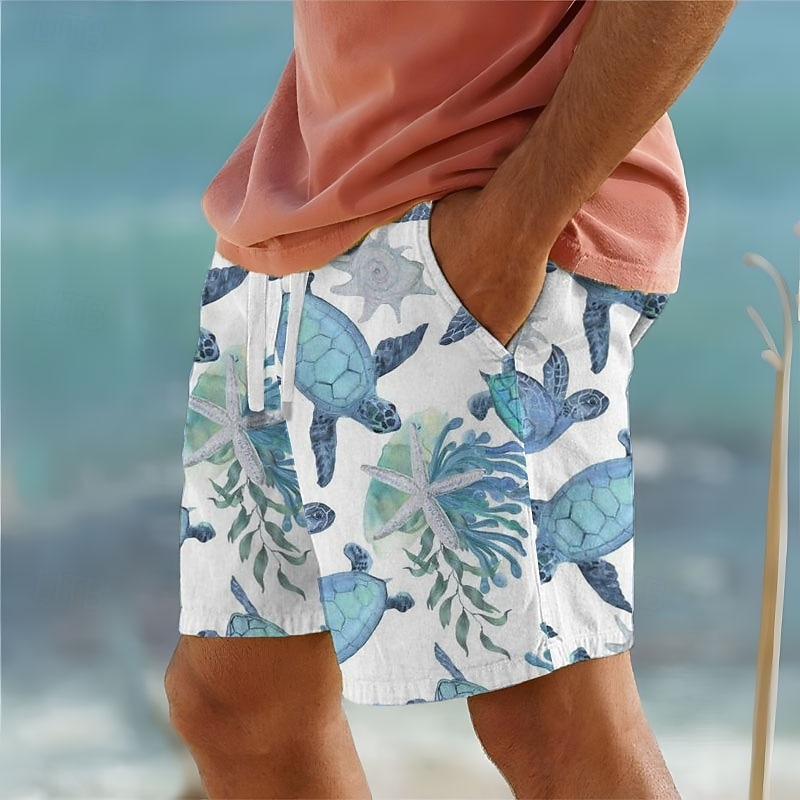 Men's Turtles Sea Creatures Cotton Linen Shorts Shorts Mid Waist Hawaiian Vacation Dailywear Holiday Drawstring Pocket Elastic Waist Designer Clothing Apparel