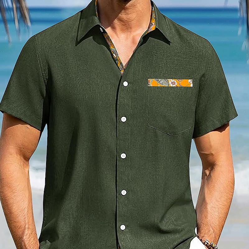Men's Linen Shirt Summer Shirt Button Up Shirt Short Sleeve Fashion Casual Vacation Holiday Beach Wear Summer Spring Collared Shirts Front One Pocket Dark Navy Dark Green Dark Gray2