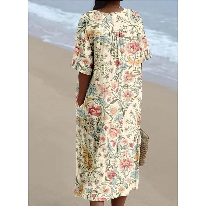 Women's Midi Dress Sundress A Line Dress Linen Vacation linen like Casual Beach Going out Loose Fit Floral Graphic Short Sleeve V Neck Light Yellow Light Green Light Purple2