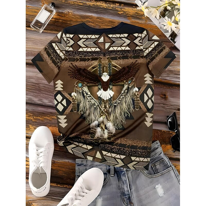 Women's Boho T Shirt  Western T Shirt Graphic Geometric Tribal Bohemia Vintage Stylish Short Sleeve Round Neck Regular Tops Daily Going out Weekend Print Brown Summer Spring2